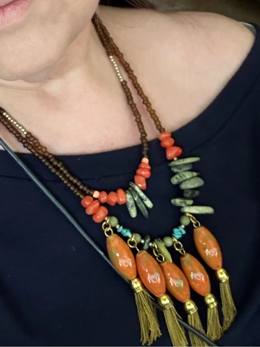 Boho Orange and Green Beaded Tassel Necklace for Women